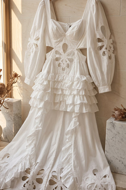 White Ruffle High-Low Cut-Out Midi Dress Premium Fabric - product view 4