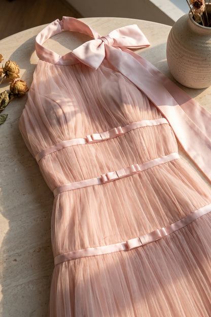 Light Pink Tulle A-Line Maxi Gown with Halter Bow Detail light pink tulle gown - product view 6