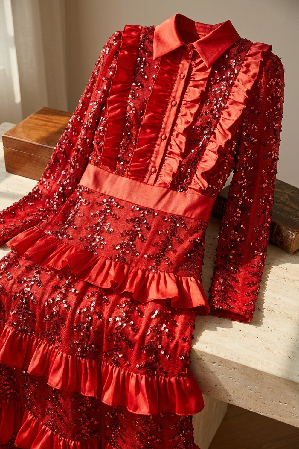 Red Sequined Mesh Tiered A-Line Gown red sequined mesh gown - product view 6