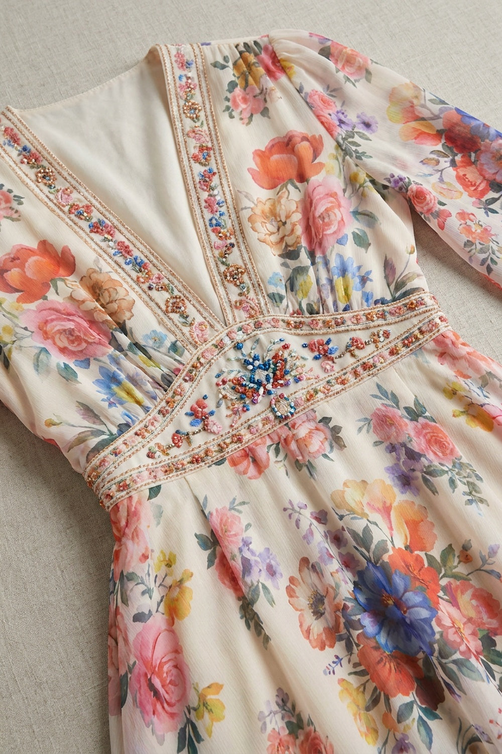 Cream Floral Chiffon Tiered Mini Dress cream, off-white chiffon dress - product view 6