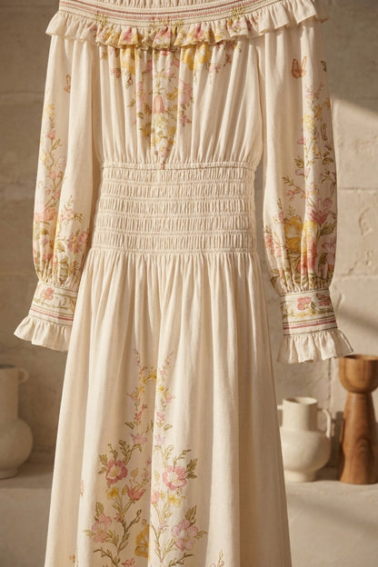 Cream A-Line Maxi Dress with Off-the-Shoulder Smocked Detail cream lightweight woven cotton or linen blend dress - product view 6