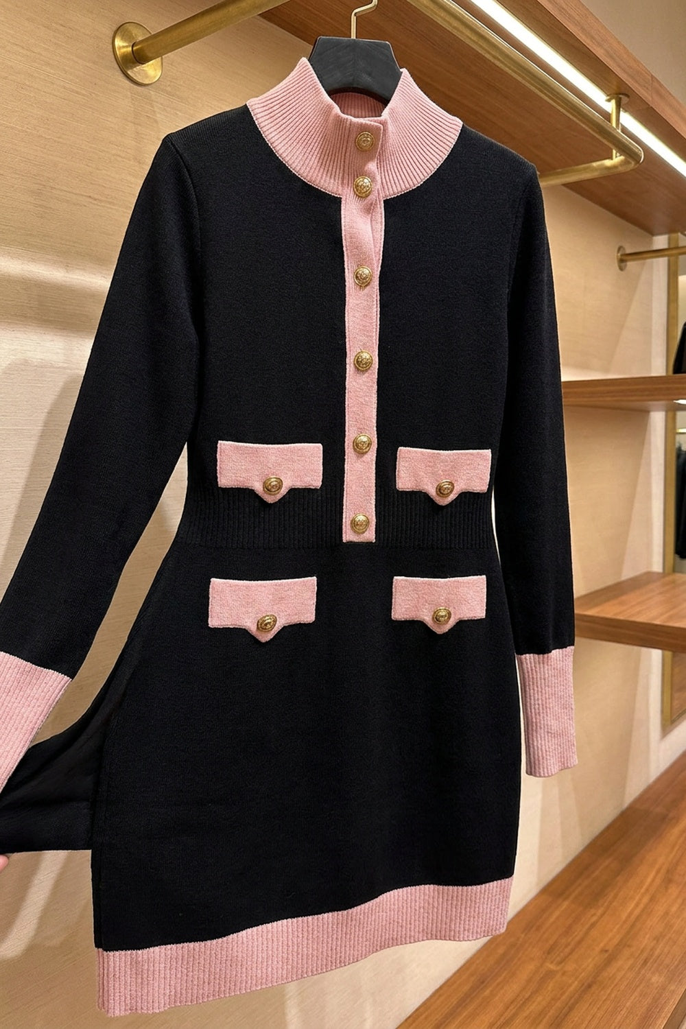 Black Fine Knit Bodycon Mini Dress with Pink Contrast black fine knit dress - product view 6