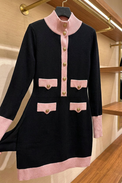 Black Fine Knit Bodycon Mini Dress with Pink Contrast black fine knit dress - product view 6