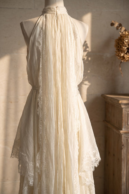 Ivory Crinkled Chiffon A-Line Maxi Dress with Lace Panels ivory crinkled chiffon dress - product view 6