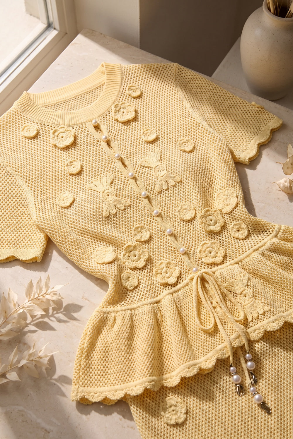 Pale Yellow Pointelle Knit Peplum Top & Maxi Skirt Two-Piece Set pale yellow pointelle knit two-piece knit set - product view 6
