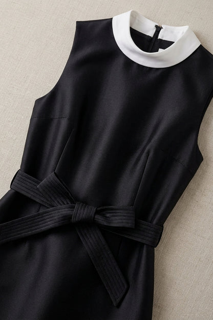 Black Satin A-Line Mini Dress with Contrast Collar black structured satin or silk faille dress - product view 6