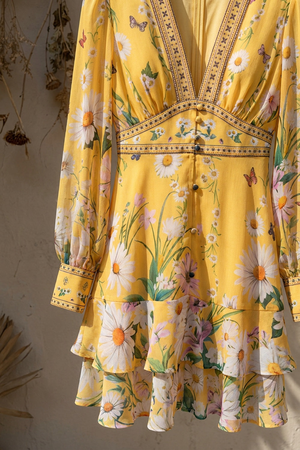 Yellow Chiffon Fit-and-Flare Dress with Floral and Butterfly Print yellow chiffon dress - product view 6