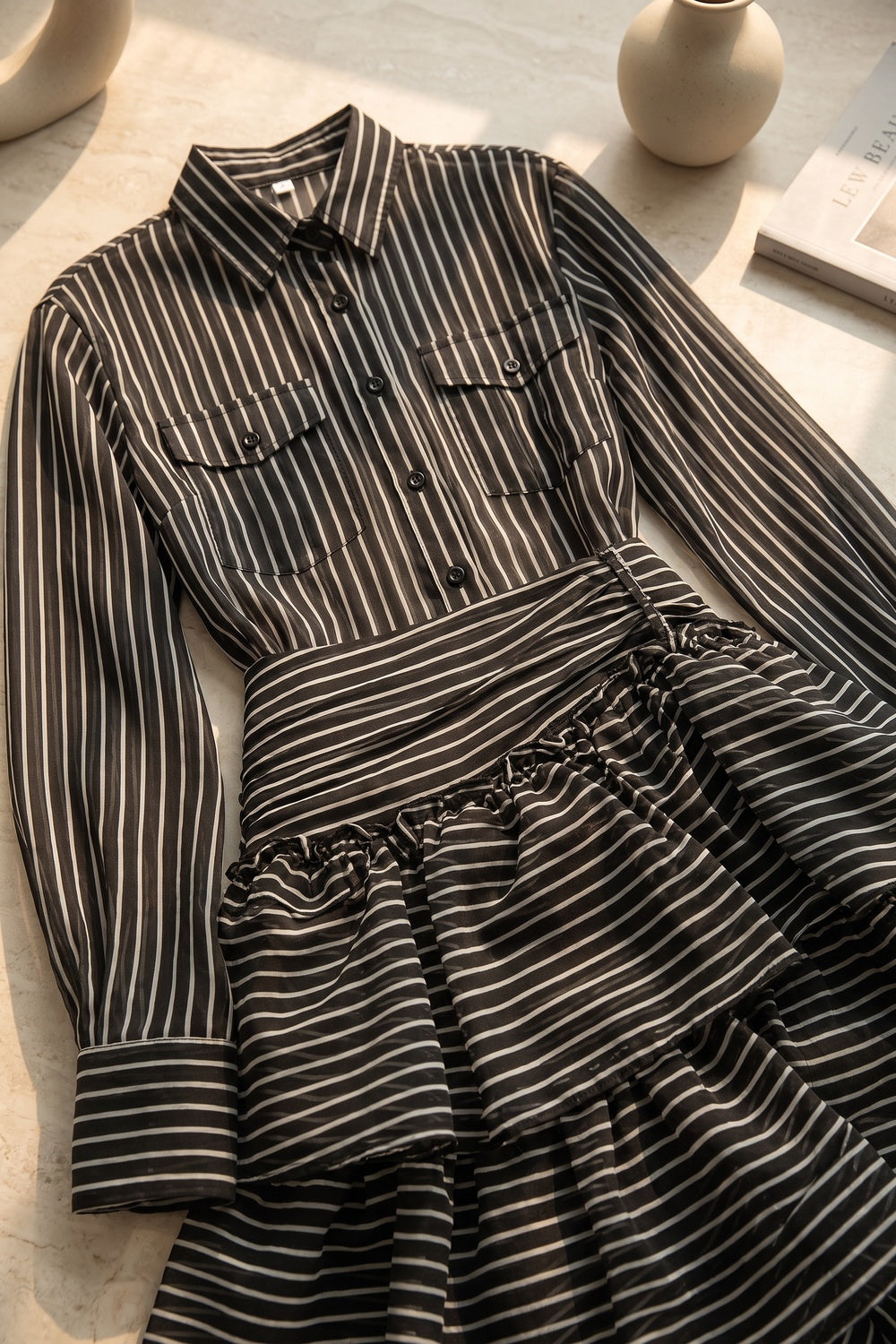 Black Sheer Chiffon Two-Piece Matching Set with Asymmetrical Tiered Skirt black, white sheer chiffon or organza two-piece matching set (shirt and skirt) - product view 6