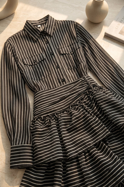 Black Sheer Chiffon Two-Piece Matching Set with Asymmetrical Tiered Skirt black, white sheer chiffon or organza two-piece matching set (shirt and skirt) - product view 6