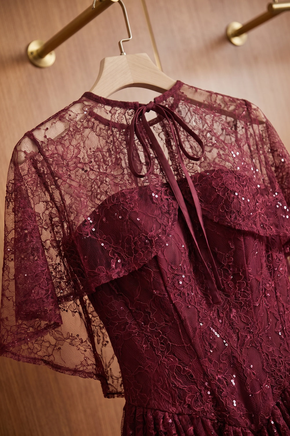 Burgundy Floral Lace A-Line Maxi Dress with Capelet Overlay burgundy floral lace maxi dress with capelet overlay - product view 6