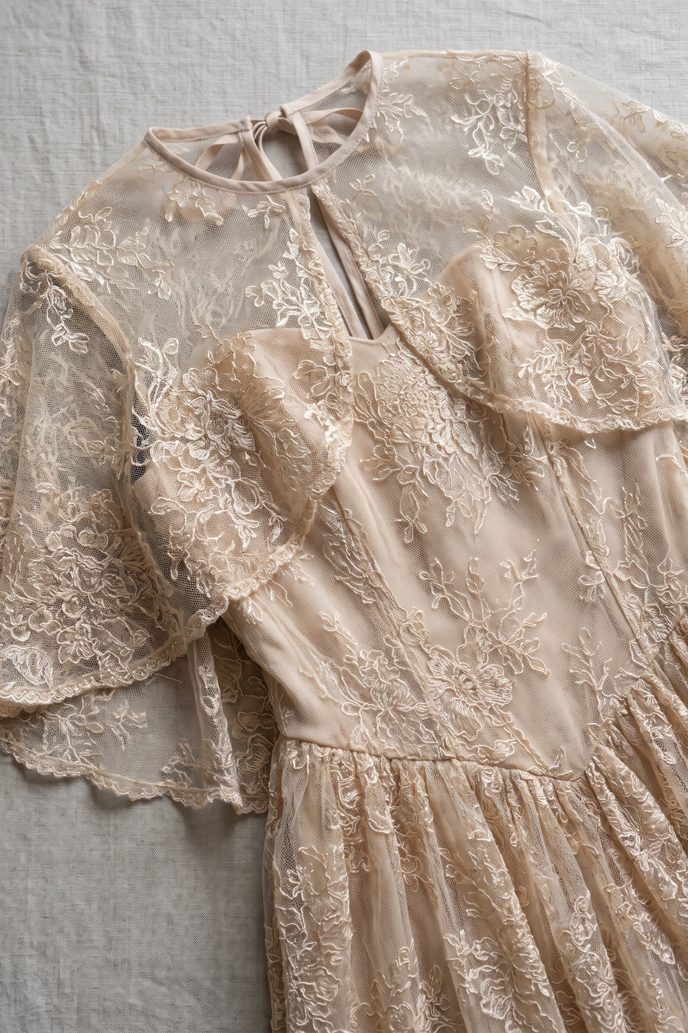 Champagne Embroidered Floral Lace A-Line Layered Maxi Dress champagne, beige embroidered floral lace layered lace maxi dress - product view 6