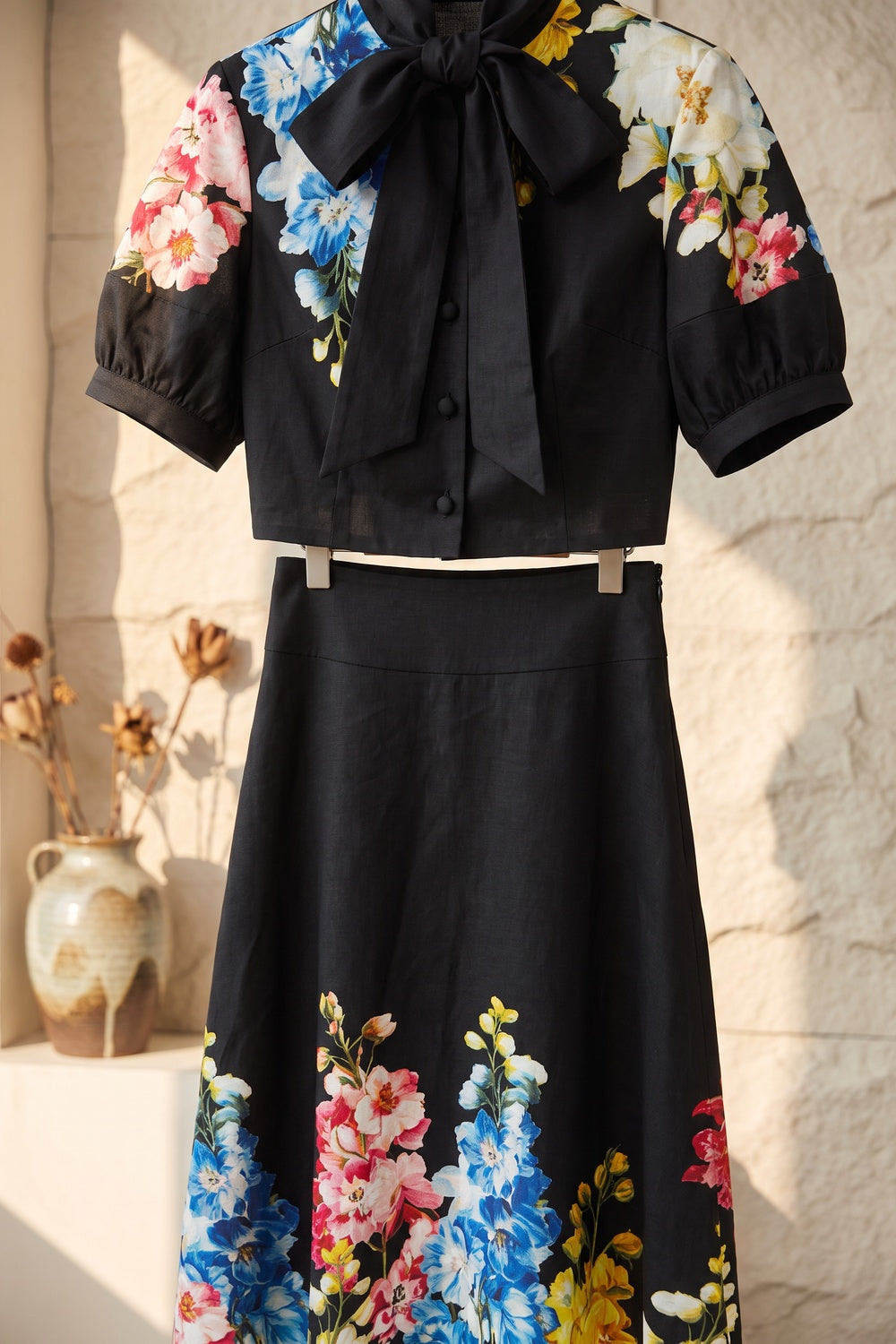 Black Floral Print Structured Two-Piece Set with Puff Sleeve Blouse and Midi Skirt black structured woven cotton or linen blend two-piece set - product view 6