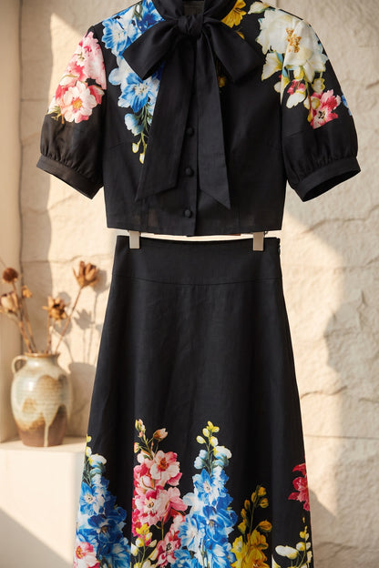 Black Floral Print Structured Two-Piece Set with Puff Sleeve Blouse and Midi Skirt black structured woven cotton or linen blend two-piece set - product view 6