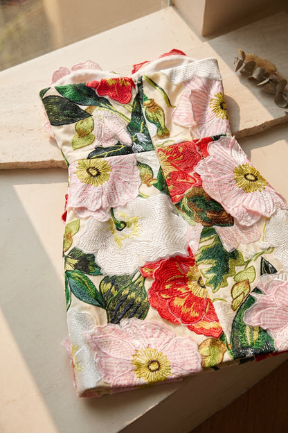 White Brocade Floral Appliqué Mini Dress white brocade dress - product view 6