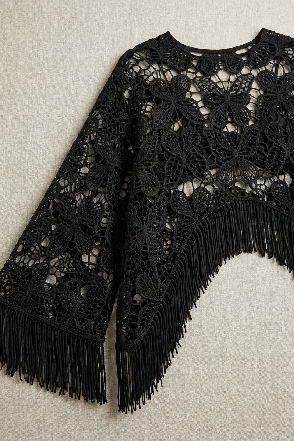 Black Guipure Lace Fringed Poncho Top black guipure lace poncho top - product view 6