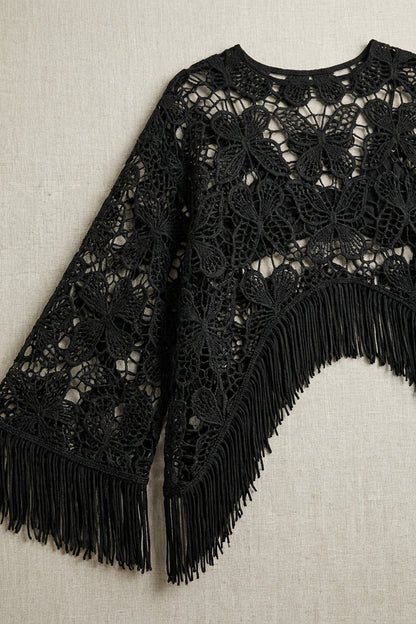 Black Guipure Lace Fringed Poncho Top black guipure lace poncho top - product view 6