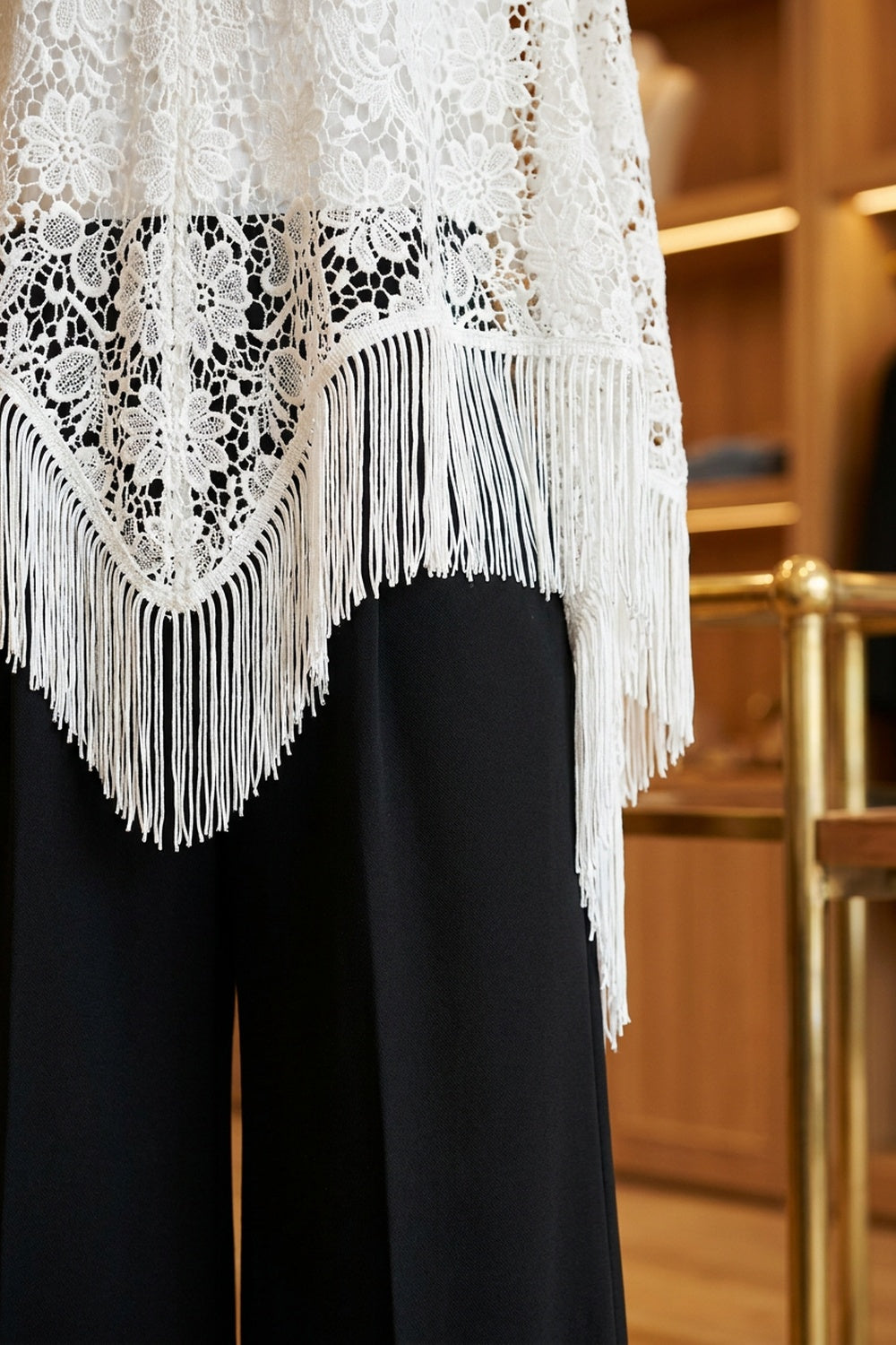 White Guipure Lace Fringe Poncho Top with Black Wide-Leg Trousers Set white, black guipure lace (top), woven crepe (trousers) two-piece set (poncho top and wide-leg trousers) - product view 6