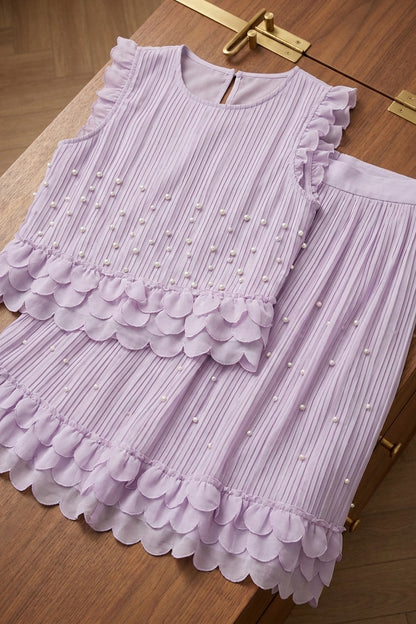 Lavender Pleated Chiffon Two-Piece Set: Relaxed Sleeveless Top & A-Line Midi Skirt lavender lightweight pleated chiffon two-piece set - product view 6