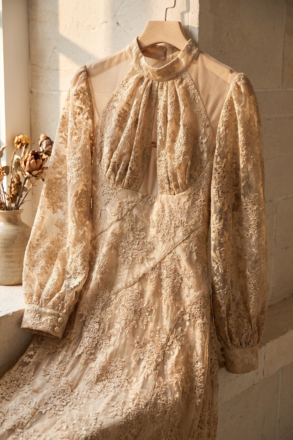Beige Floral Lace A-Line Midi Dress beige, champagne floral lace dress - product view 6