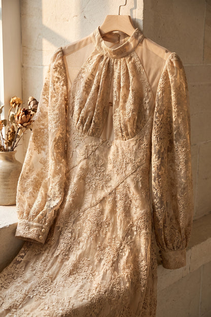 Beige Floral Lace A-Line Midi Dress beige, champagne floral lace dress - product view 6