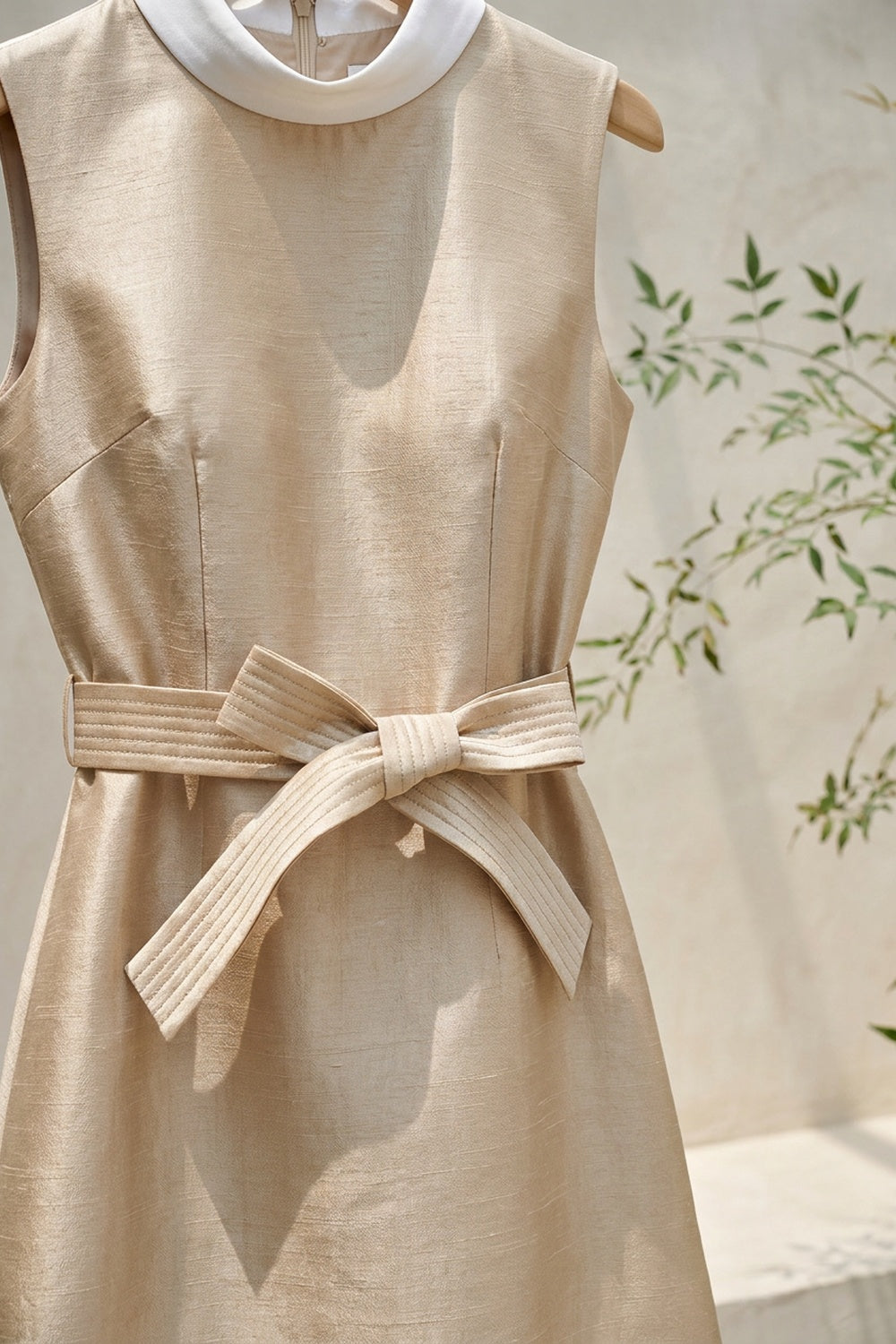 Champagne Gold Structured A-Line Mini Dress champagne gold structured woven silk or dupioni blend dress - product view 6