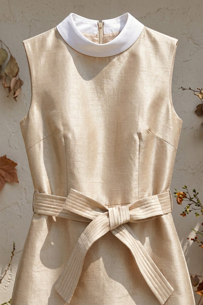 Champagne Gold Structured A-Line Mini Dress champagne gold structured woven silk or dupioni blend dress - product view 7