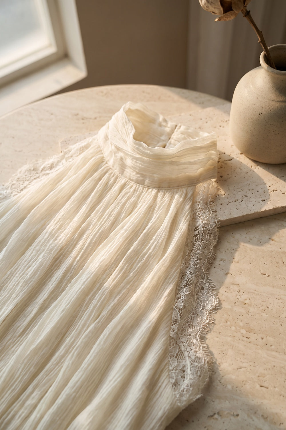Ivory Crinkled Chiffon A-Line Maxi Dress with Lace Panels ivory crinkled chiffon dress - product view 7