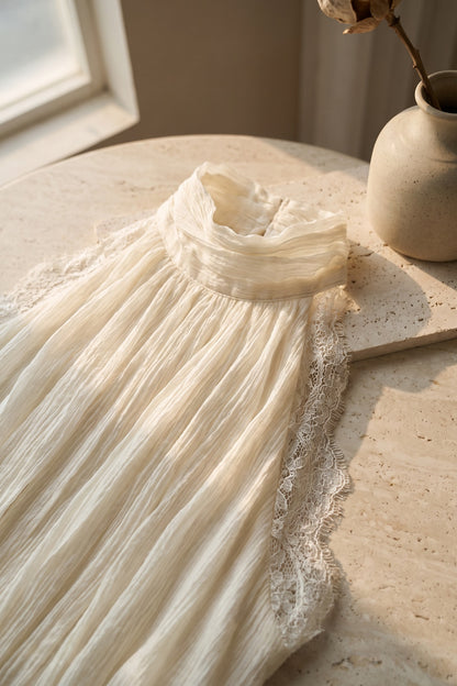 Ivory Crinkled Chiffon A-Line Maxi Dress with Lace Panels ivory crinkled chiffon dress - product view 7