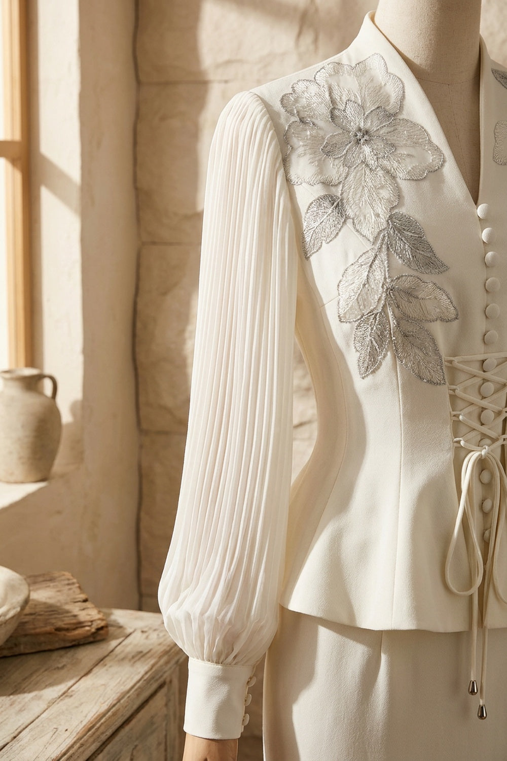 Off-White Structured Crepe Peplum Top & Column Maxi Skirt Two-Piece Set off-white structured crepe two-piece set - product view 7