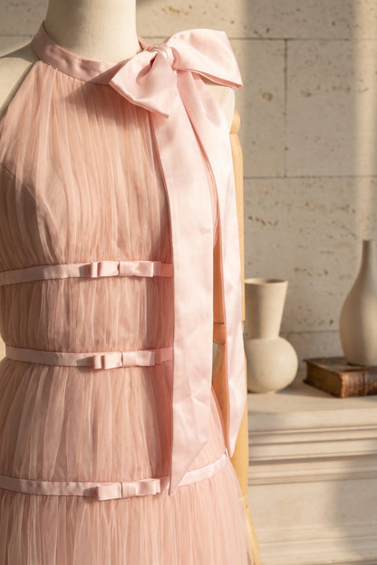 Light Pink Tulle A-Line Maxi Gown with Halter Bow Detail light pink tulle gown - product view 7