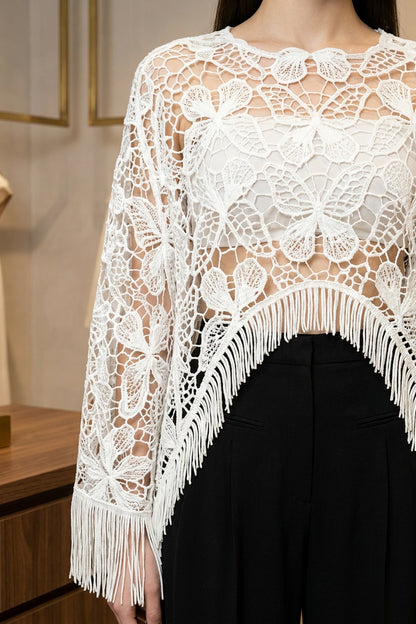 White Guipure Lace Fringe Poncho Top with Black Wide-Leg Trousers Set white, black guipure lace (top), woven crepe (trousers) two-piece set (poncho top and wide-leg trousers) - product view 7