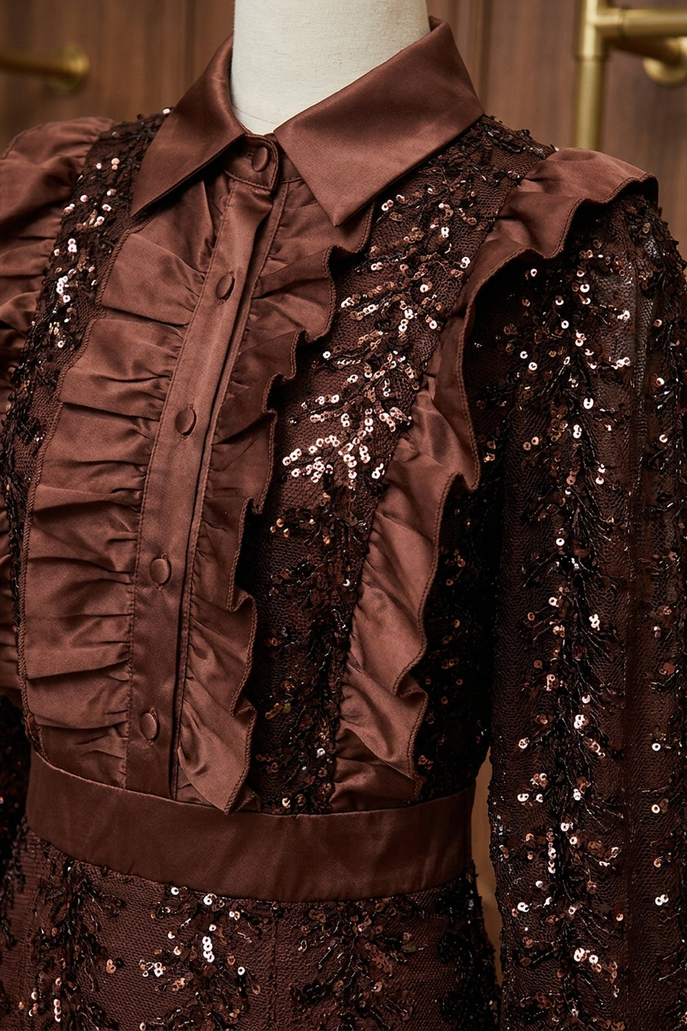 Dark Brown Sequined Mesh Tiered A-Line Maxi Dress dark brown sequined mesh dress - product view 7