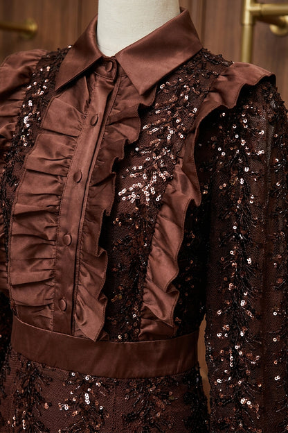 Dark Brown Sequined Mesh Tiered A-Line Maxi Dress dark brown sequined mesh dress - product view 7