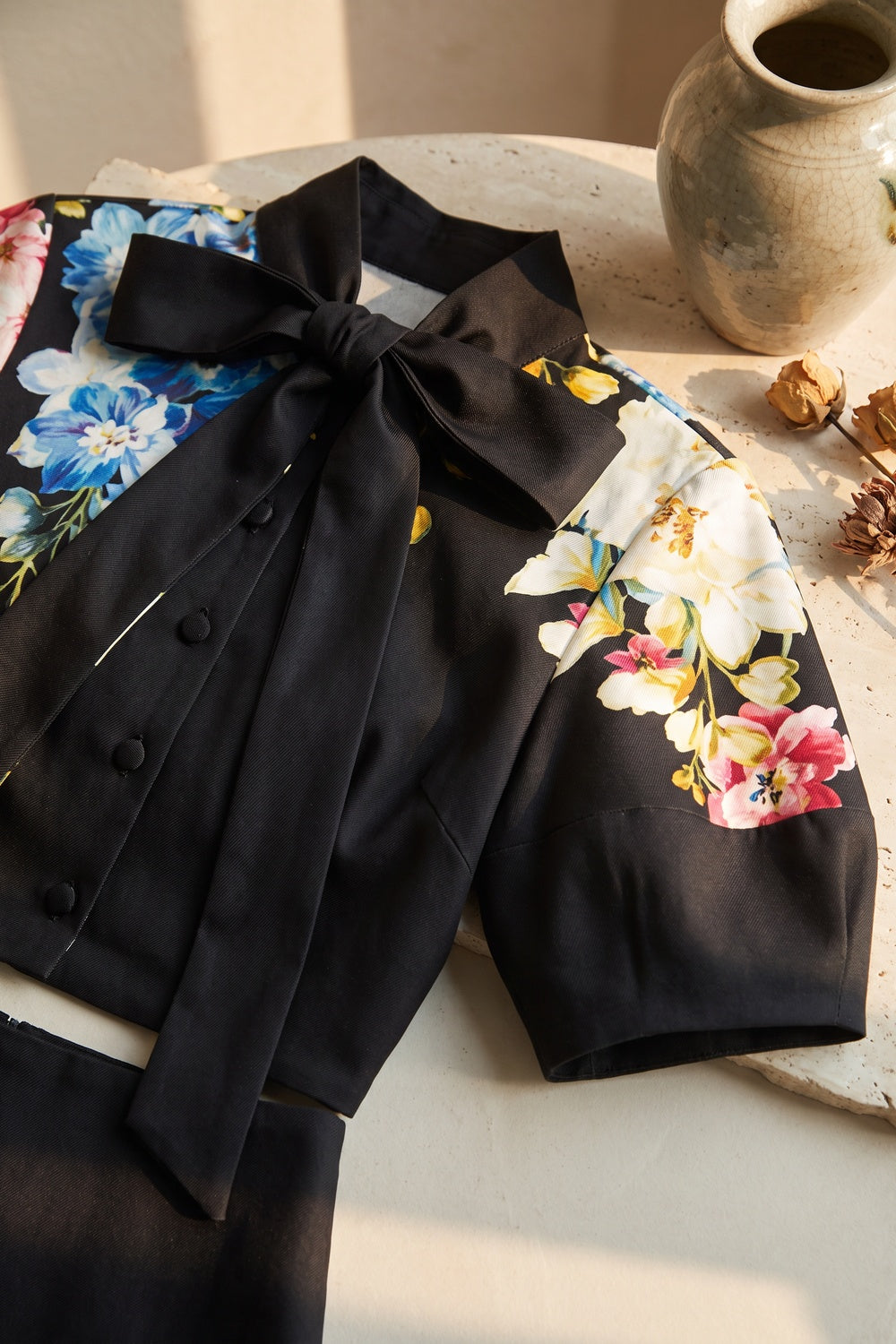 Black Floral Print Structured Two-Piece Set with Puff Sleeve Blouse and Midi Skirt black structured woven cotton or linen blend two-piece set - product view 7