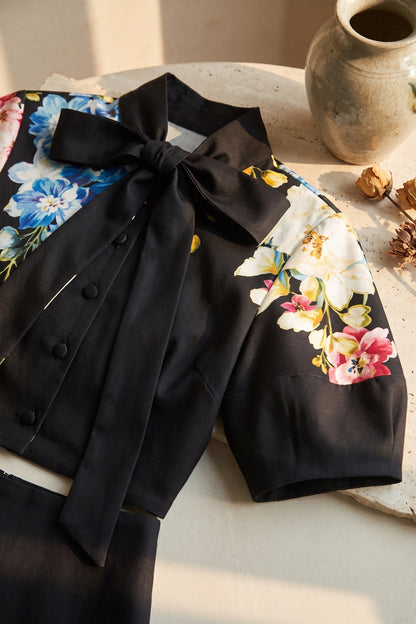 Black Floral Print Structured Two-Piece Set with Puff Sleeve Blouse and Midi Skirt black structured woven cotton or linen blend two-piece set - product view 7
