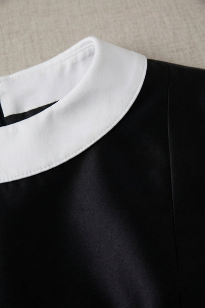 Black Satin A-Line Mini Dress with Contrast Collar black structured satin or silk faille dress - product view 7