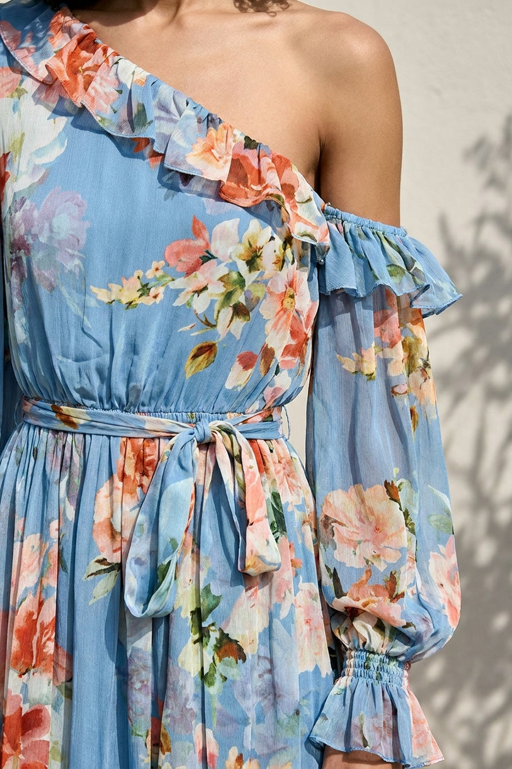 Light Blue Chiffon Asymmetric Blouson Romper with Floral Print light blue chiffon romper - product view 5