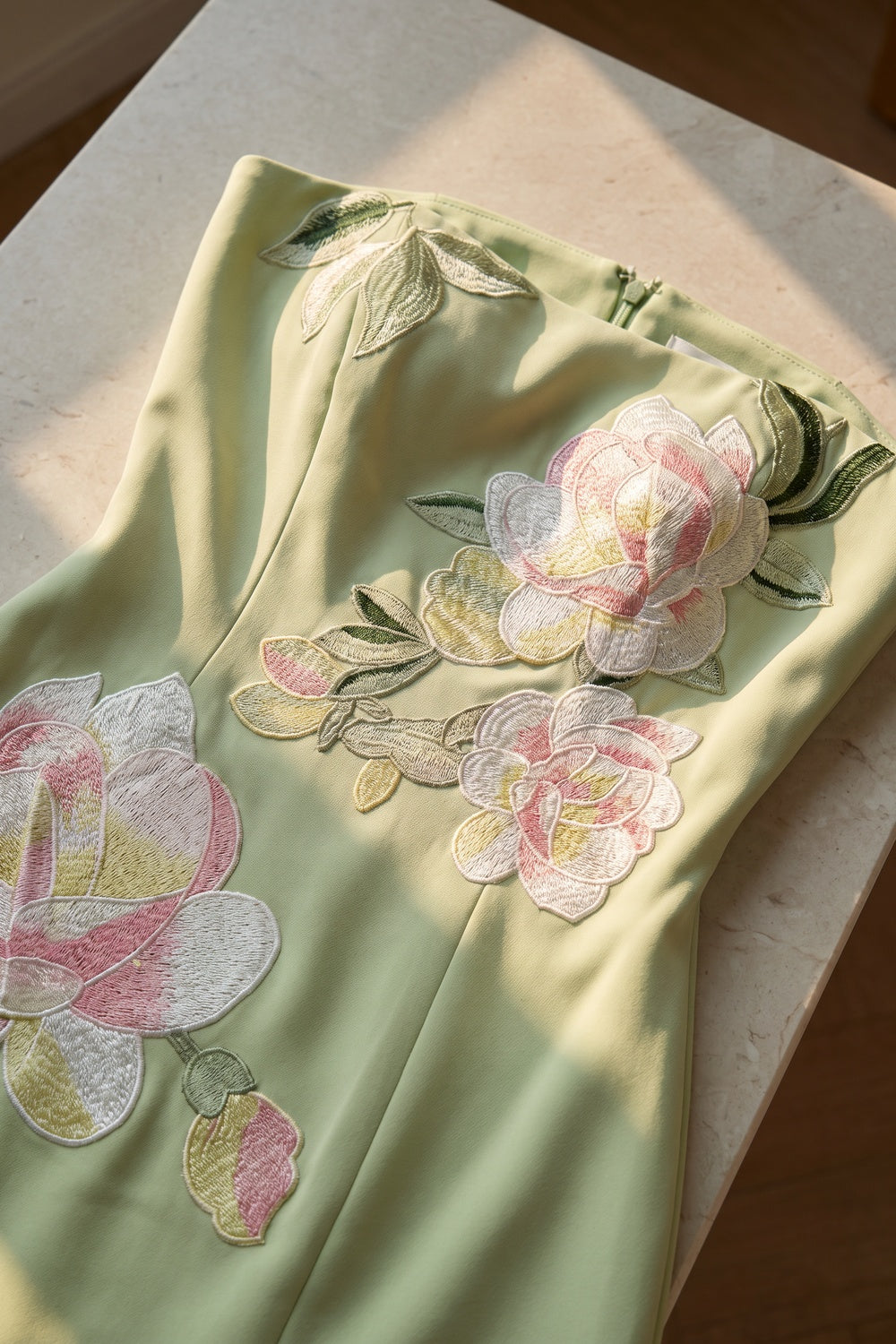 Light Green Structured Woven Crepe A-Line Mini Dress with Floral Embroidery light green structured woven crepe dress - product view 6