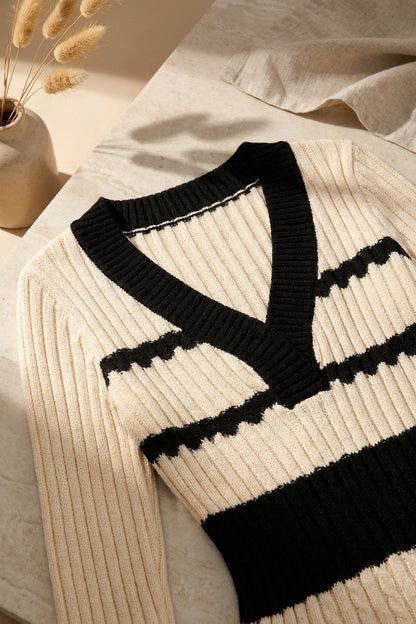 Cream & Black Ribbed Knit Bodycon Sweater Dress cream ribbed knit sweater dress - product view 7