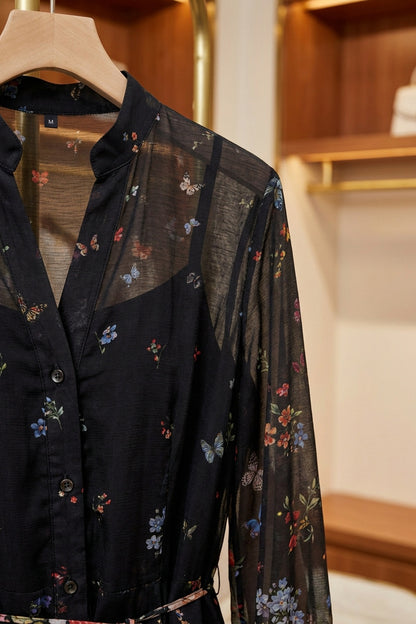 Black Sheer Chiffon A-Line Shirt Dress with Floral Print black sheer chiffon shirt dress - product view 7