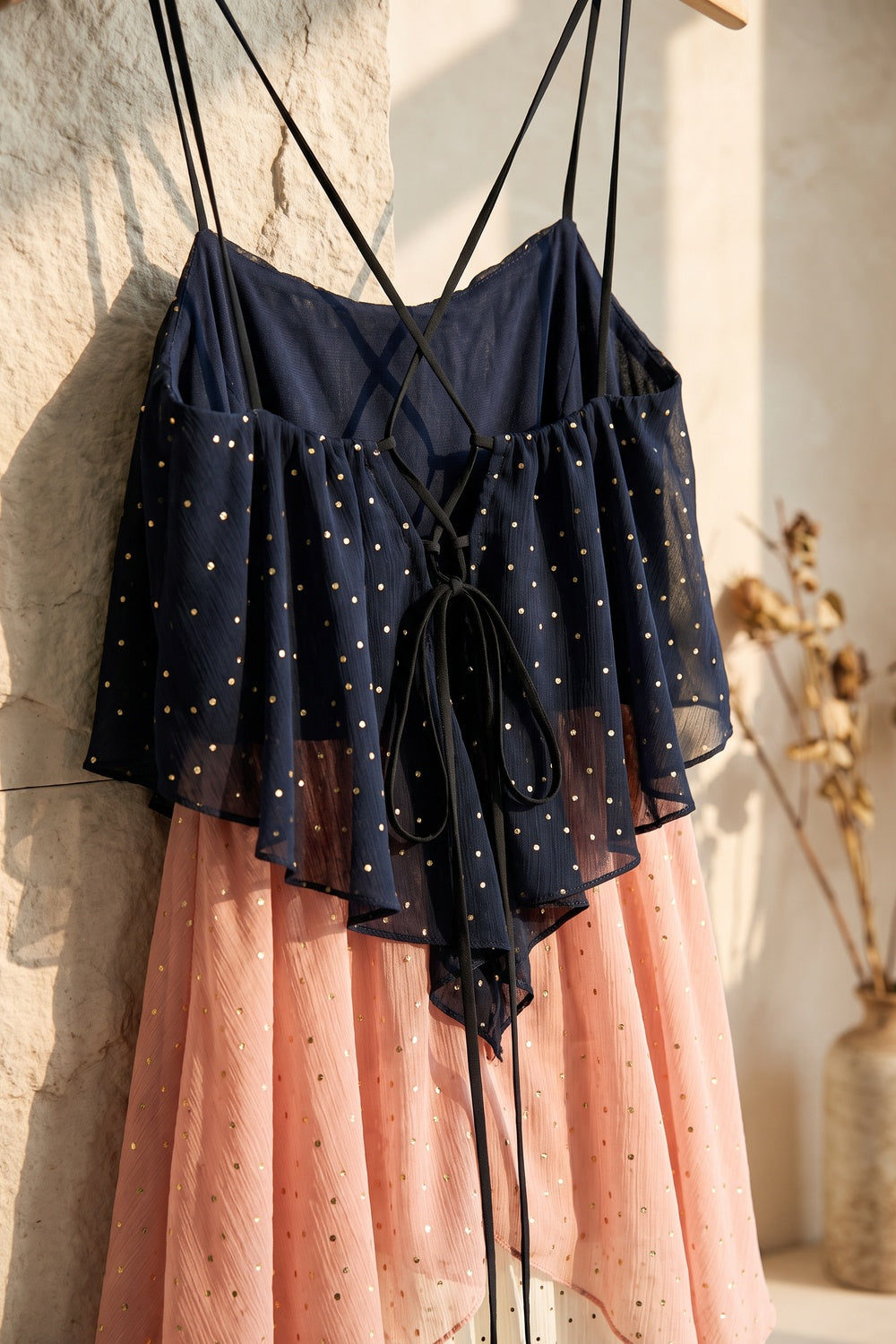 Navy Blue, Dusty Pink & Cream Chiffon A-Line Tiered Maxi Dress navy blue, dusty pink, cream chiffon dress - product view 7