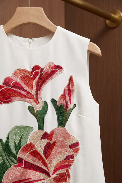 White Structured Crepe Mini Dress with Asymmetric Floral Print white structured heavy crepe dress - product view 7