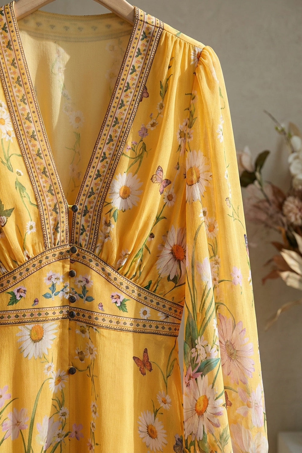 Yellow Chiffon Fit-and-Flare Dress with Floral and Butterfly Print yellow chiffon dress - product view 7