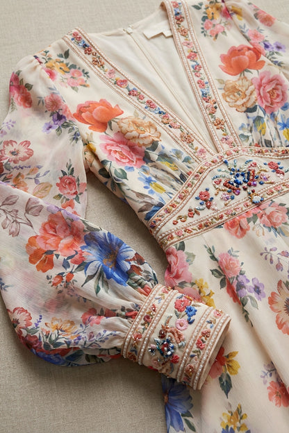 Cream Floral Chiffon Tiered Mini Dress cream, off-white chiffon dress - product view 7