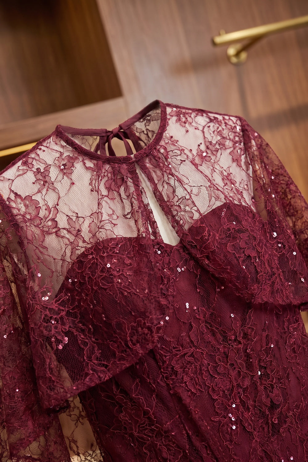 Burgundy Floral Lace A-Line Maxi Dress with Capelet Overlay burgundy floral lace maxi dress with capelet overlay - product view 7
