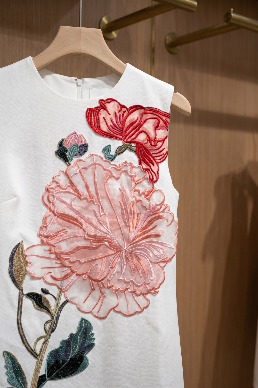 White Structured Crepe Shift Dress with Floral Embroidery white structured woven crepe dress - product view 7
