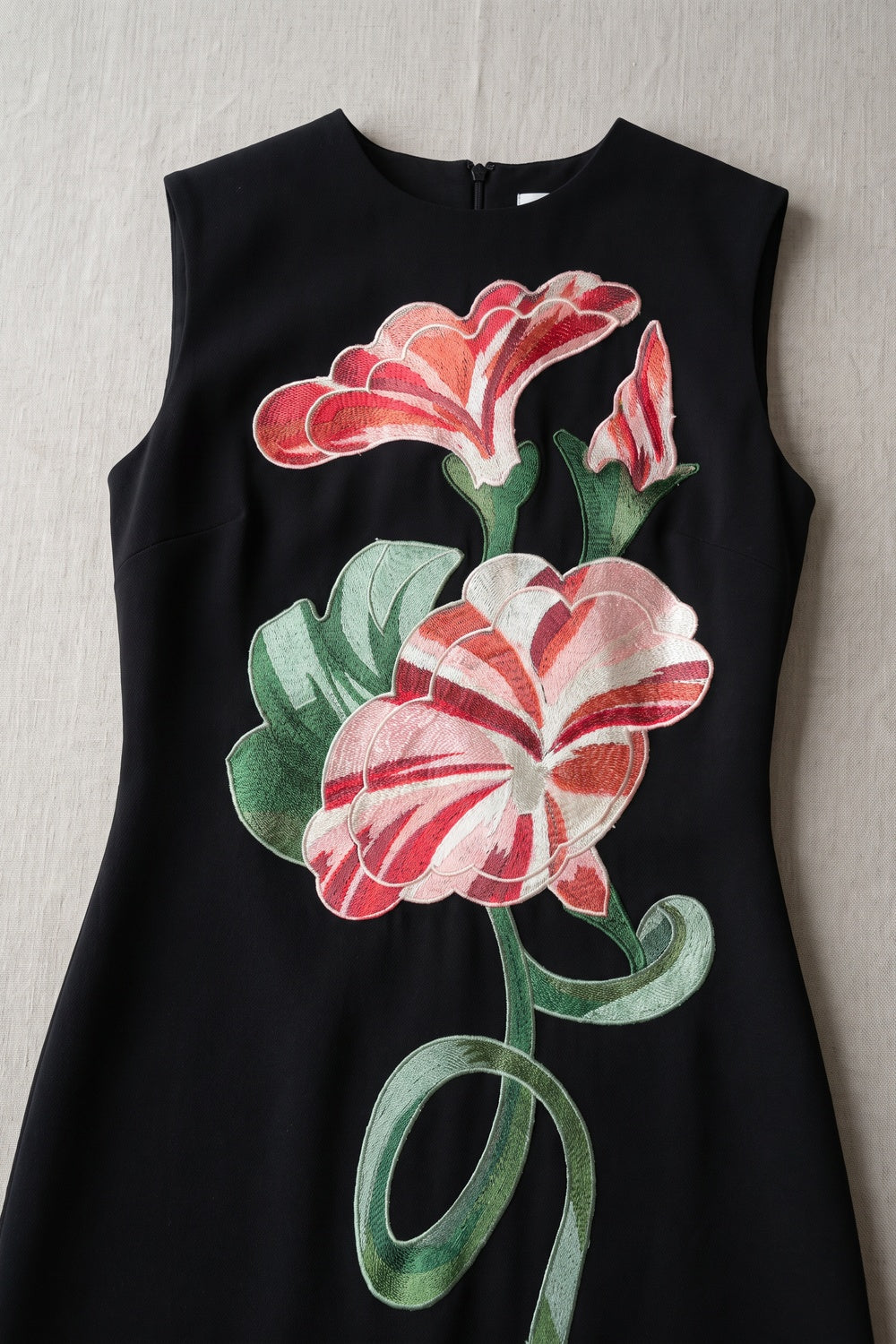 Black Structured Woven Crepe A-Line Mini Dress with Large-Scale Floral Applique black structured woven crepe dress - product view 7