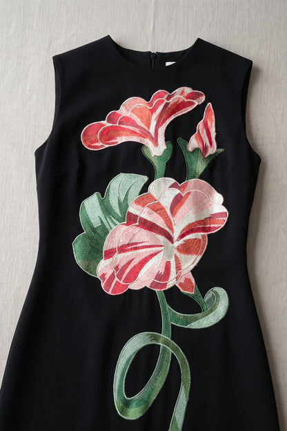 Black Structured Woven Crepe A-Line Mini Dress with Large-Scale Floral Applique black structured woven crepe dress - product view 7