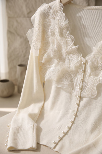 Off-White Fitted Knit Cardigan with Organza Ruffles off-white fine knit cardigan - product view 7