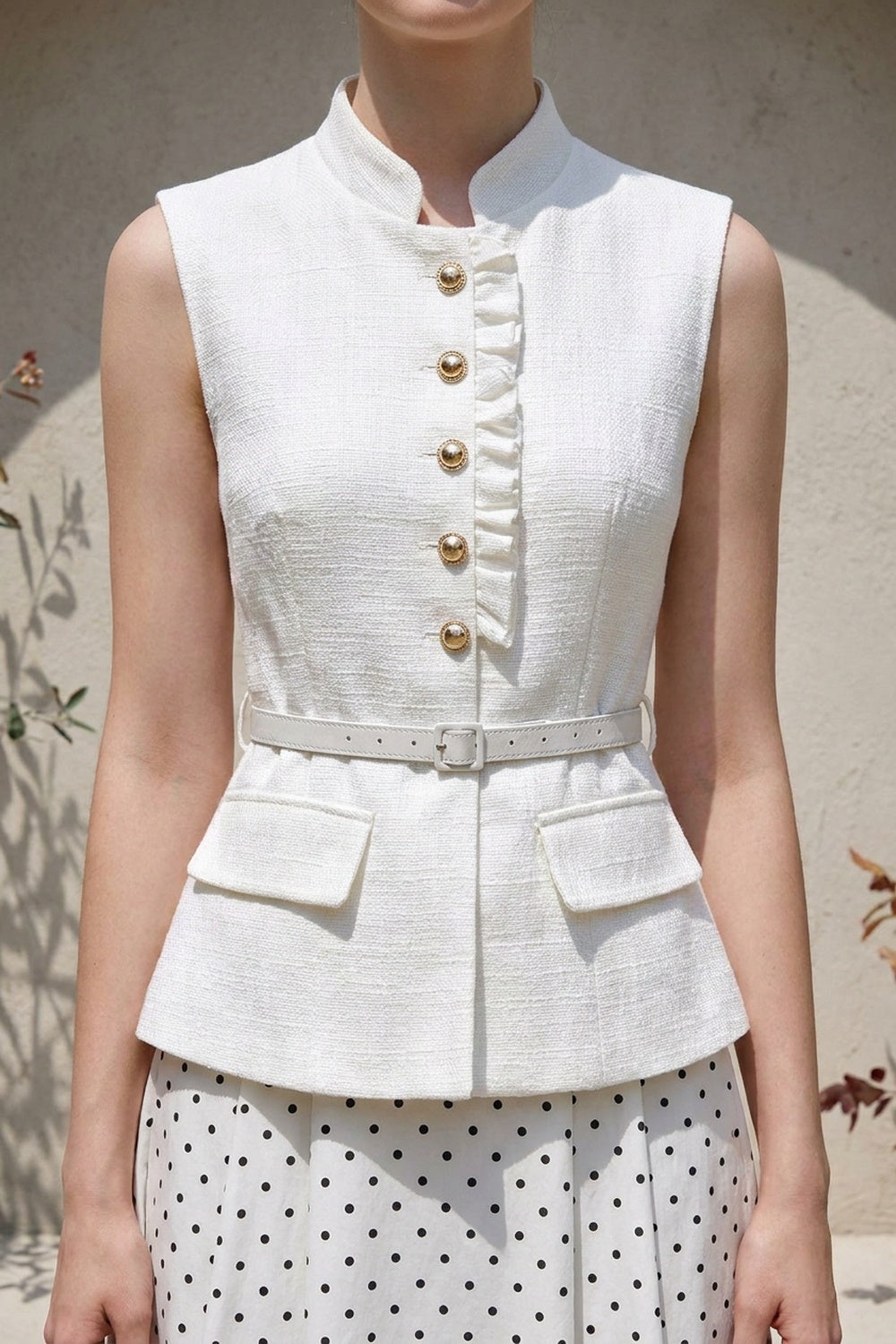 White Structured Woven Fitted Peplum Top & Flared A-Line Midi Skirt Two-Piece Set white structured woven cotton-blend two-piece set - product view 6